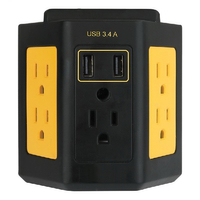 PowerZone ORPBWTU345 Outlet Adapter, 3.4 A, 2-USB Port, 5-Outlet, Black/Yellow